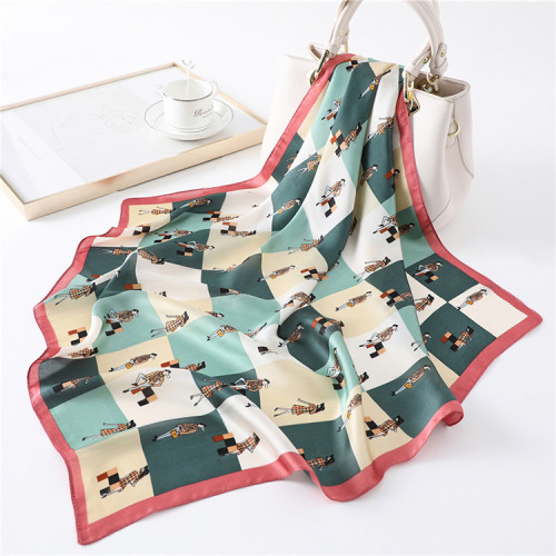 Silk scarf plaid color matching female small square scarf cartoon portrait thin section wild neck Silk scarf decoration