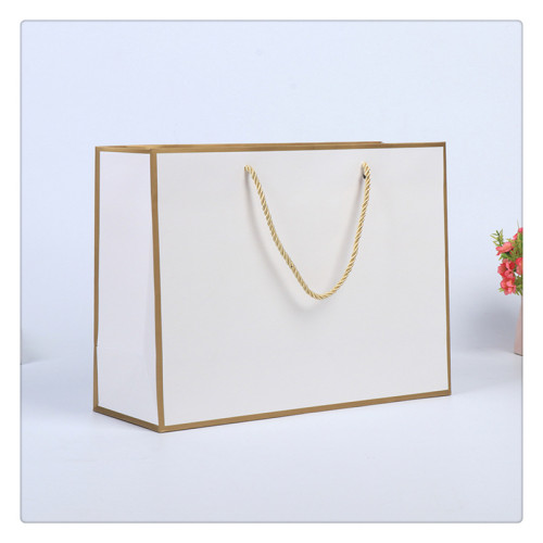 Custom Logo White Bag With Gold Side Shopping Clothing Packaging Paper Bag