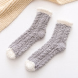Winter Solid Color Coral Fleece Sleep Socks Thickened Middle Tube Home Socks Simple Floor Socks Women