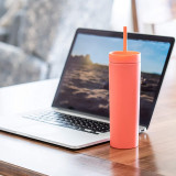 16oz Double Wall Plastic Tumblers Matte Pastel Colored Acrylic Straight Skinny Tumblers with Cleaner/Lids and Straws