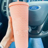 Popular Double Wall Pink Durian Sports Matte Studded Reusable Tumbler Cups Water Bottle Plastic with Straw