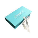 Custom Logo Luxury Blue Cardboard Ribbon Closure Clothing Clothes Paper Foldable Gift Packaging Box for Dress