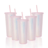 New 22oz Plastic Coffee Double Layer Plastic Straw Durian Cup Bright Diamond Pink Crystal Studded Tumbler Mug with Straw