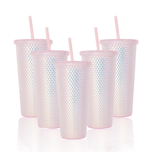 New 22oz Plastic Coffee Double Layer Plastic Straw Durian Cup Bright Diamond Pink Crystal Studded Tumbler Mug with Straw