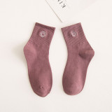 Autumn Women New  Cartoon Embroidered Smiling Face  Lady Cotton Stockings