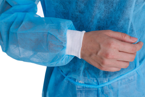 Disposable blue Non Woven elastic and knitted cuffs isolation Gown