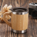 Customized 300ml tea drinking tumbler double wall stainless steel inside bamboo mugs with handles