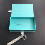 Custom Logo Luxury Blue Cardboard Ribbon Closure Clothing Clothes Paper Foldable Gift Packaging Box for Dress