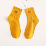 Autumn Women New  Cartoon Embroidered Smiling Face  Lady Cotton Stockings