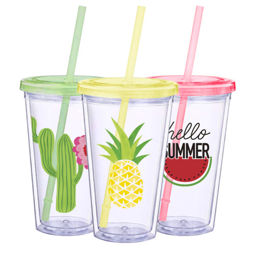 2021 New Arrive 16oz Double Wall Insulated Transparency Plastic With Lid Straw