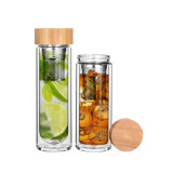 Hot Sale BPA Free Double Wall Insulate Bamboo Tea Coffee Bottle Bamboo Cover Glass Bottle For Sale