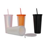 New 22oz Plastic Coffee Double Layer Plastic Straw Durian Cup Bright Diamond Pink Crystal Studded Tumbler Mug with Straw