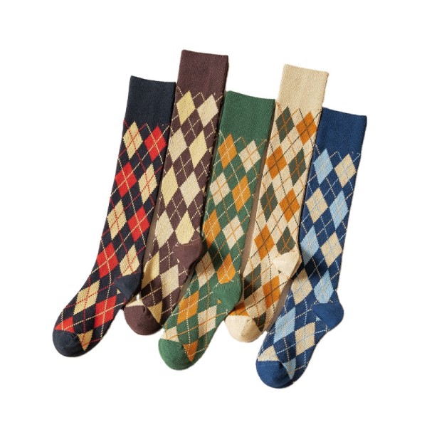 New Autumn And Winter Women's Tube Socks Retro Striped Diamond  Japanese College Style Knee-Length Socks