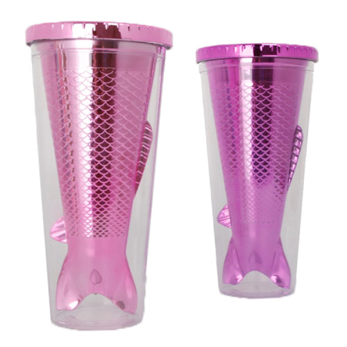Mini 10oz BPA free mermaid double wall insulated fish shape gillter pastic bottle tumbler with lid