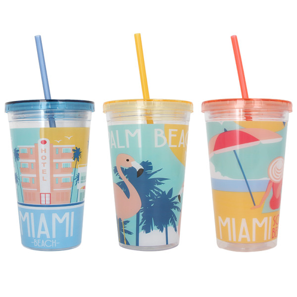 Hot Selling Product Matte Black Mug Cold 16oz Double Wall Plastic Tumblers With Straw Cup