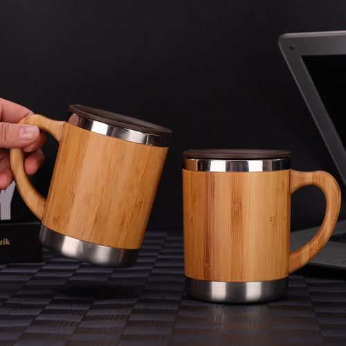 Customized 300ml tea drinking tumbler double wall stainless steel inside bamboo mugs with handles