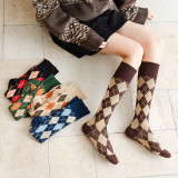 New Autumn And Winter Women's Tube Socks Retro Striped Diamond  Japanese College Style Knee-Length Socks