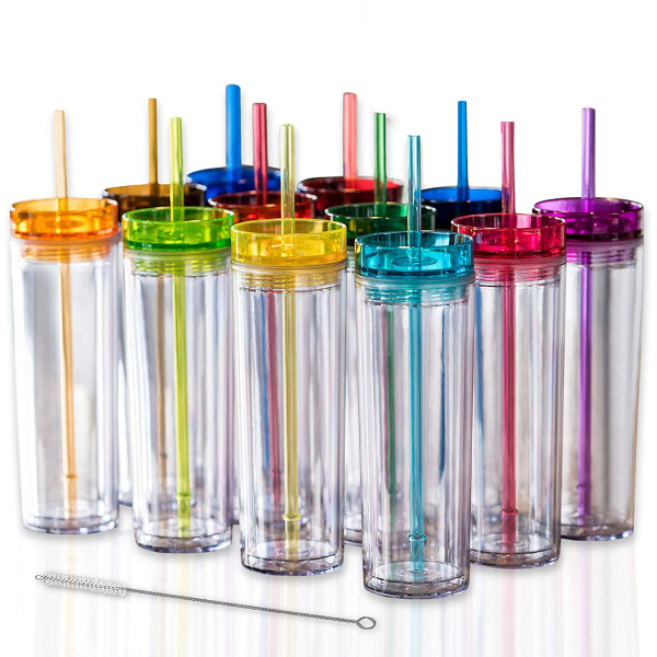 Acrylic Straight Cup Water Bottle Tall Skinny Tumbler 16oz Double Wall Water Mug Cups with Lid and Straw