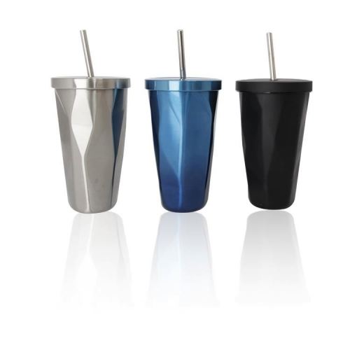 Hot-selling 17oz gradient color cup diamond-shaped vacuum flask stainless steel double-layer water cup with straw