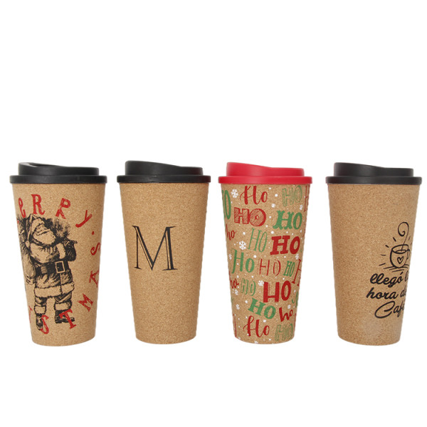 Eco-Friendly 450ml Cork Wood Coffee mug  Flip Lid Tea Cups Can Be Customized Various Patterns Double Wall Mugs