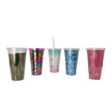16Oz Eco-Friendly  Double Walled Ps Insulated Straw Mug Clear Plastic Tumblers Mug With Glitter Paper