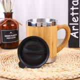 Customized 300ml tea drinking tumbler double wall stainless steel inside bamboo mugs with handles