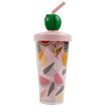 Cute 13Oz Kid Protein Shake Cup Plastic Drinking Water Tumbler With Fruit Shaped Straw