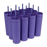 16oz Double Wall Plastic Tumblers Matte Pastel Colored Acrylic Straight Skinny Tumblers with Cleaner/Lids and Straws