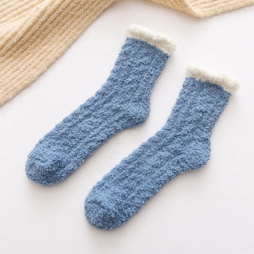 Winter Solid Color Coral Fleece Sleep Socks Thickened Middle Tube Home Socks Simple Floor Socks Women