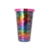 Custom Logo Double Walled Ps Insulated Straw Mug Clear Plastic Tumblers Mug With Glitter Paper