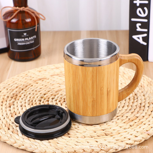 Customized 300ml tea drinking tumbler double wall stainless steel inside bamboo mugs with handles