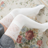Korean Version New Vertical Stripe Lace Mosaic Sexy Over-The-Knee Women's Cotton Stockings Anti-Hook Stockings