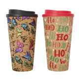 Eco-Friendly 450ml Cork Wood Coffee mug  Flip Lid Tea Cups Can Be Customized Various Patterns Double Wall Mugs