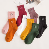 Autumn Women New  Cartoon Embroidered Smiling Face  Lady Cotton Stockings