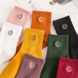 Autumn Women New  Cartoon Embroidered Smiling Face  Lady Cotton Stockings