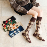 New Autumn And Winter Women's Tube Socks Retro Striped Diamond  Japanese College Style Knee-Length Socks