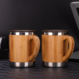 Customized 300ml tea drinking tumbler double wall stainless steel inside bamboo mugs with handles