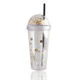 Festivals OEM 16OZ/470ml sustainable classic AS travel gift sequins disposable clear plastic drinking cup with lid/straw