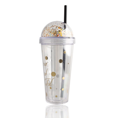 Festivals OEM 16OZ/470ml sustainable classic AS travel gift sequins disposable clear plastic drinking cup with lid/straw