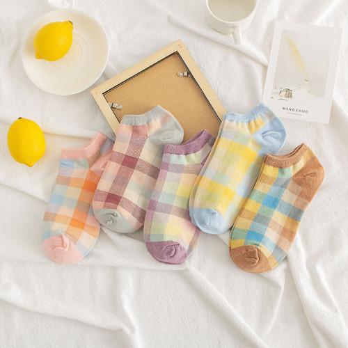 2020 summer women's new fresh plaid cotton boat socks short socks cute light color socks wholesale