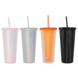New 22oz Plastic Coffee Double Layer Plastic Straw Durian Cup Bright Diamond Pink Crystal Studded Tumbler Mug with Straw