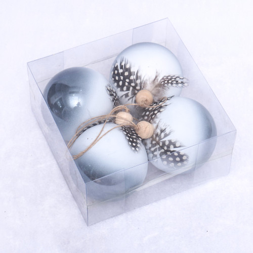 8cm Newest Design Shiny Grey Ball with Feather for Christmas Tree Decoration