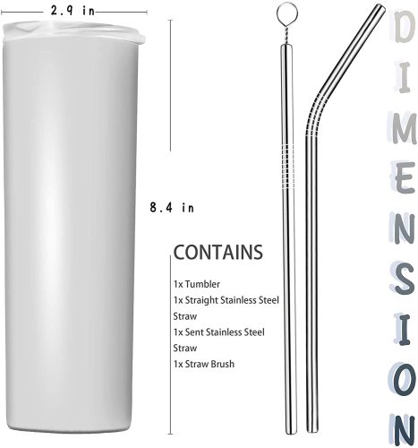 20oz/600ml Portable Double Wall Stainless Steel Vacuum Insulated Skinny Sublimation Straight White Blank Tumbler With Straw