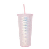 New 22oz Plastic Coffee Double Layer Plastic Straw Durian Cup Bright Diamond Pink Crystal Studded Tumbler Mug with Straw