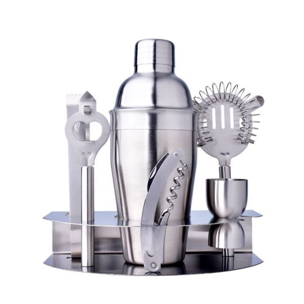 7pcs 550ml Professional Jigger Ice Strainer Clip Cheese Knife Bottle Opener Stainless Steel Cocktail Maker Shaker Set with Base