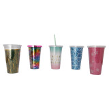 16Oz Eco-Friendly  Double Walled Ps Insulated Straw Mug Clear Plastic Tumblers Mug With Glitter Paper
