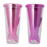 Mini 10oz BPA free mermaid double wall insulated fish shape gillter pastic bottle tumbler with lid