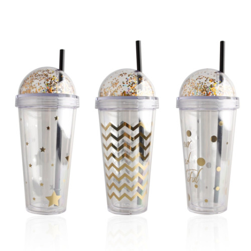 Festivals OEM 16OZ/470ml sustainable classic AS travel gift sequins disposable clear plastic drinking cup with lid/straw