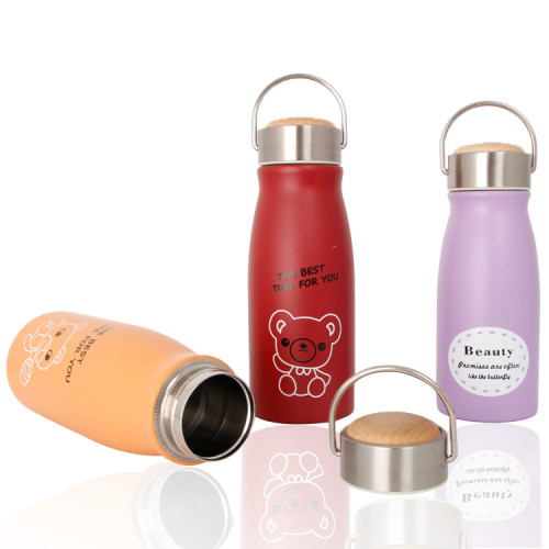 Wide Mouse  Reusable 13oz Double Wall Stainless Steel  Sports Insulate Kid Vacuum Flasks Cola Water Bottle With Bamboo Lid