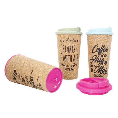 Eco-Friendly 450ml Cork Wood Coffee mug  Flip Lid Tea Cups Can Be Customized Various Patterns Double Wall Mugs